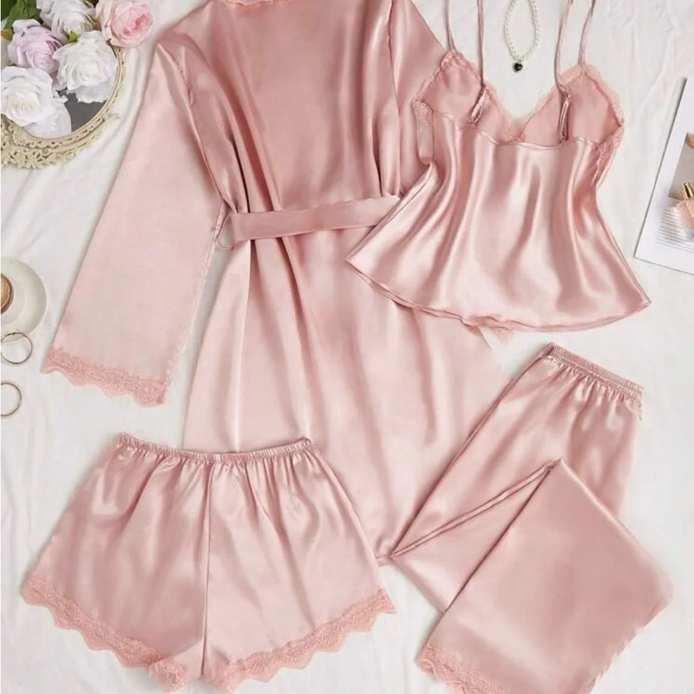 Womens Pink Satin Sleepwear 3piece Set - Picture 2 of 2